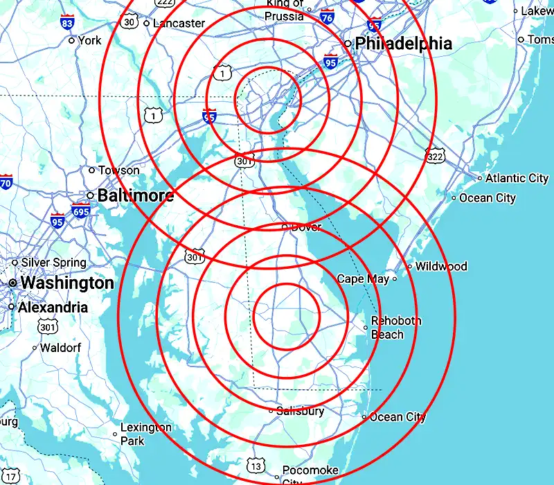 Drone service coverage map showing circular zones across Delaware, southeastern Pennsylvania, eastern Maryland, and southern New Jersey.