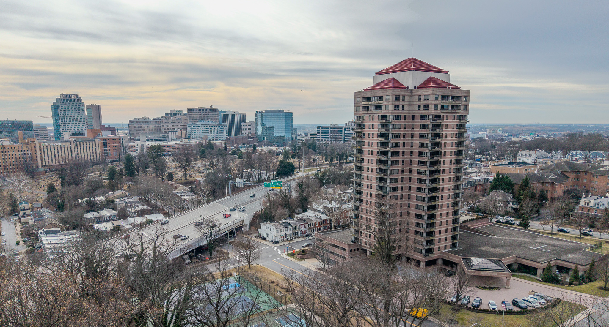 Park Plaza Condominium high-rise exterior in Wilmington, Delaware, viewed from above during a balcony inspection project